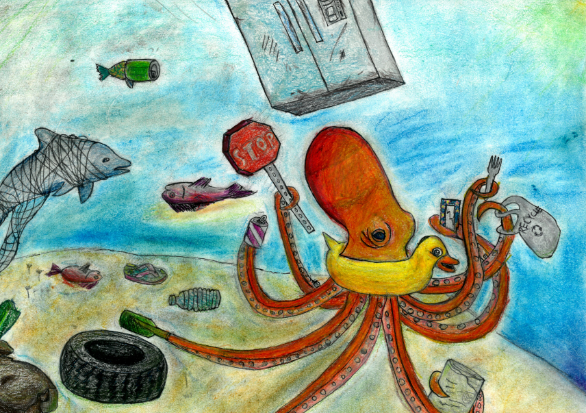 Yufei F., Grade 5. NOAA Marine Debris Program Art Contest 2018.
