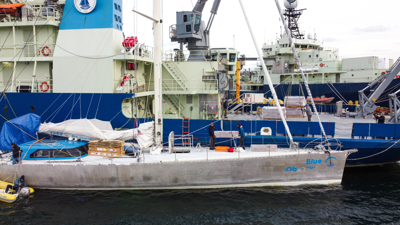 The 82- foot long S/V Iris tied up at the Woods Hole Oceanographic Institution (WHOI) dock, moored next to WHOI’s R/V Armstrong. The Iris departed Woods Hole on December 14, and will spend the next two months deploying approximately 78 Argo floats in the South Atlantic, before finishing its epic voyage back in Brest, France.