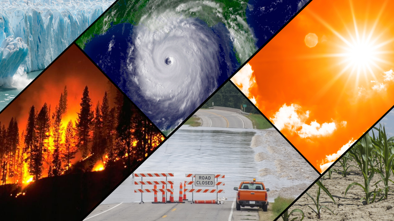 A collage of typical climate and weather-related events: floods, heatwaves, drought, hurricanes, wildfires and loss of glacial ice.