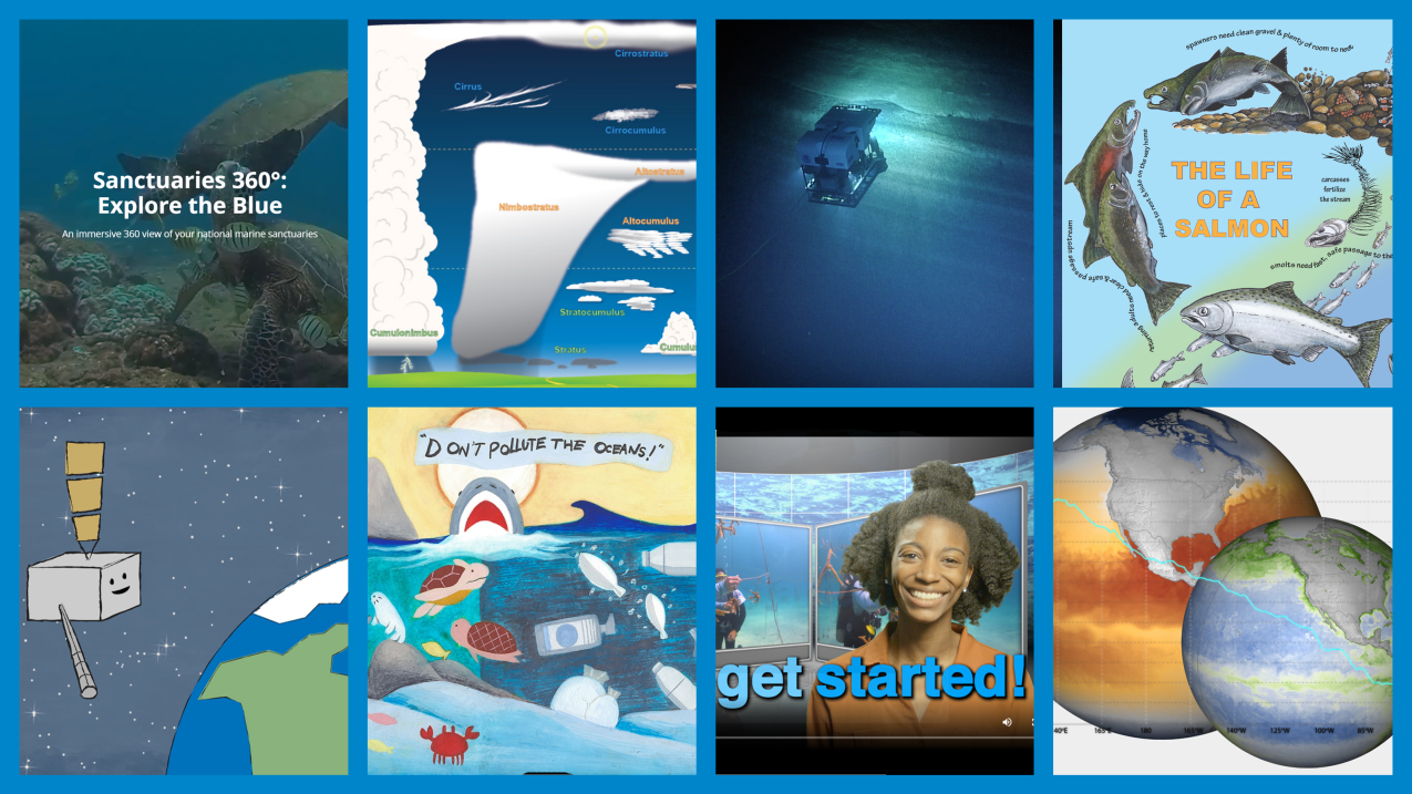 A collage of eight images of NOAA educational resources. Clockwise: sea turtles in a reef with text "Sanctuaries 360: Explore the Blue", a drawing of the ten basic clouds, an ROV in the deep ocean, a drawing of the salmon life cycle, a drawing of a satellite above Earth, a winning marine debris art contest entry with the text "Don't pollute the oceans!", a woman standing in front of two screens with the text "get started!", and a data visualization of two Earths showing different sea surface temperatures.