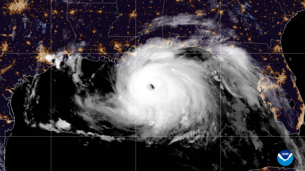 A visible satellite image of Hurricane Ida approaching land in the Gulf of Mexico taken by NOAA's GOES-16 (GOES East) satellite at 4:10 am (EDT) on August 29, 2021. 