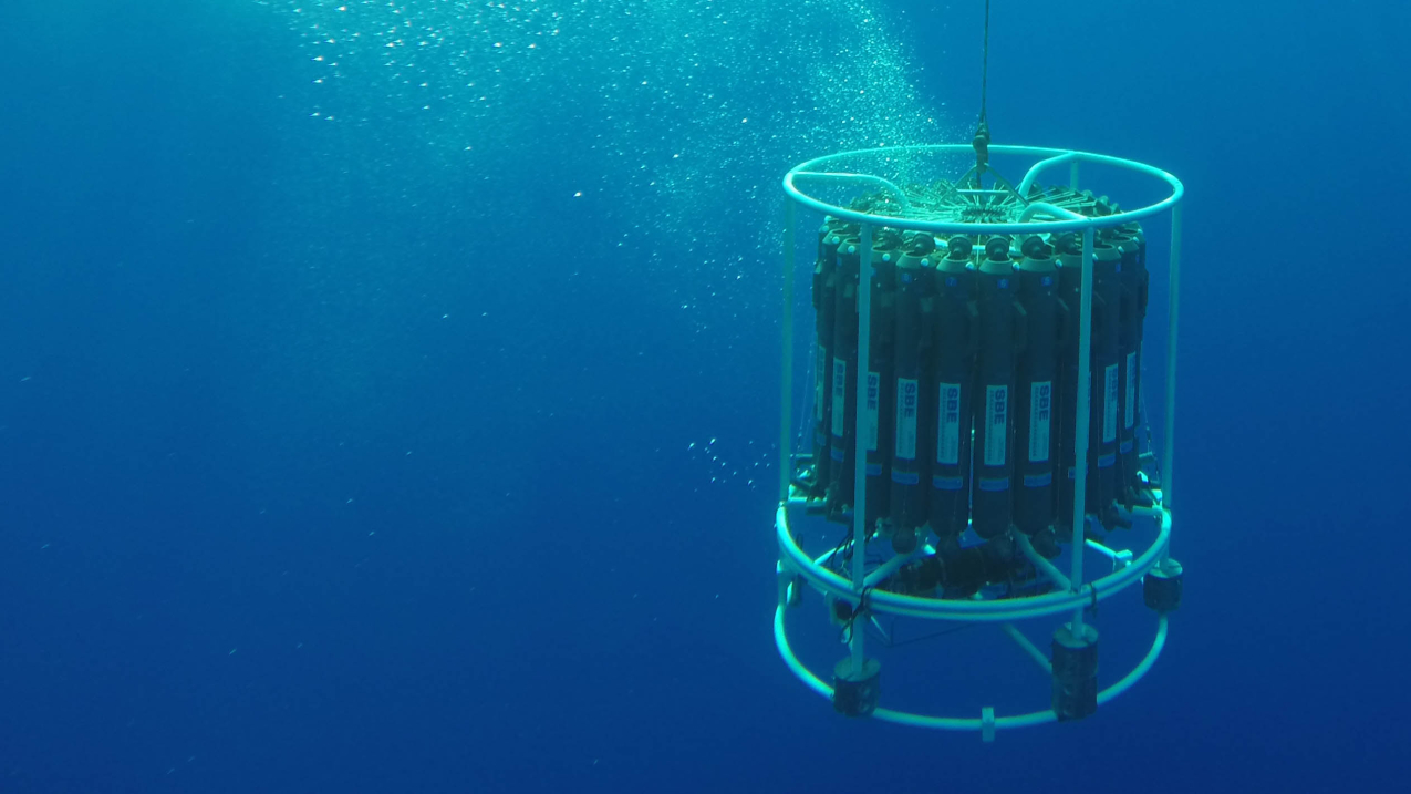 Bubbles follow in a trail after a large cylindrical device that has been dropped into the water. The device is hooked onto a long cord.
