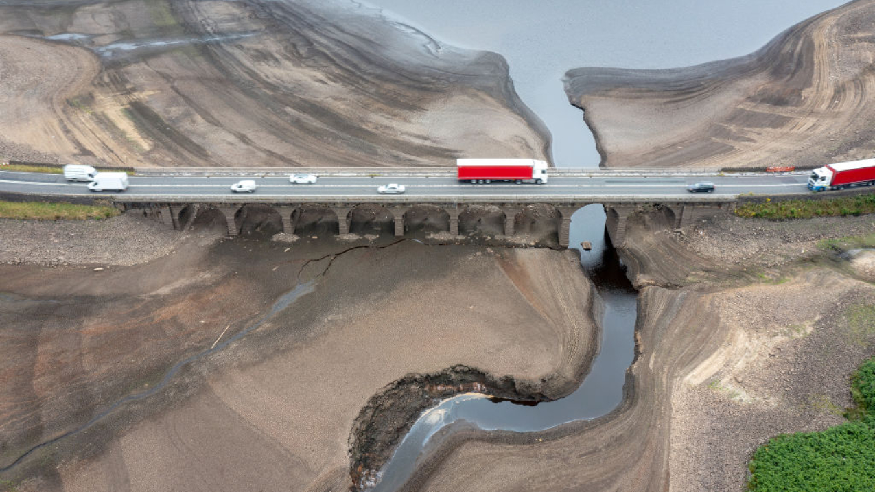 July 21, 2022: In this aerial view over Glossop, England, the bed of the Woodhead reservoir can be seen as summer water levels dropped due to demand for drinking water, record temperatures and reduced rainfall.
