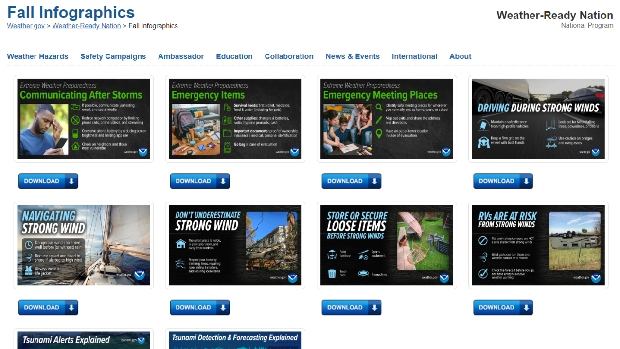 A screenshot of the National Weather Service fall infographics web page including infographics relating to fall weather hazards. 