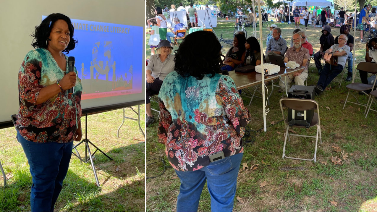 Photo showing Doreen Abubaker, of the Community Placement Engagement Network and West River Watershed Partnership, talks to a group at the New Haven Folk Festival about climate change impacts in New Haven and the upcoming Climathon. Credit: Steve Hamm, Reimaging New Haven.