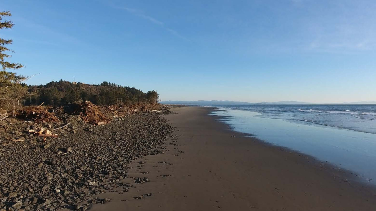 Photo showing drone view of North Cove, Washington, monitoring the success of a shoreline stabilization project.
