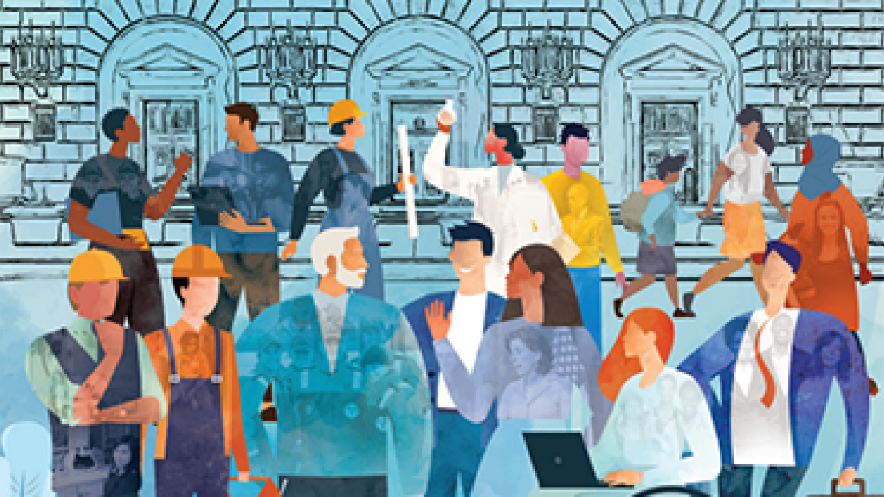 Cartoon image of group of people in front of a building