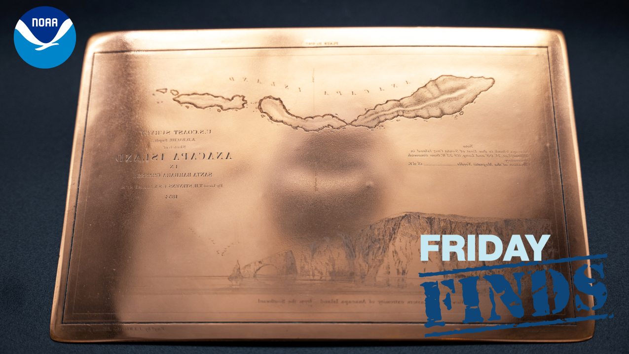 An etched copper plate used for printing maps and charts in the 19th and early 20th centuries. This one is of Anacapa Island and was etched by American artist James McNeill Whistler. It features an overhead view of the island, as well a a side view of the coast, to which he added several birds flying overhead. The image on the plate is depicted backwards for use with a printing press. The artists had to use a mirror to etch the map from a reference sketch.