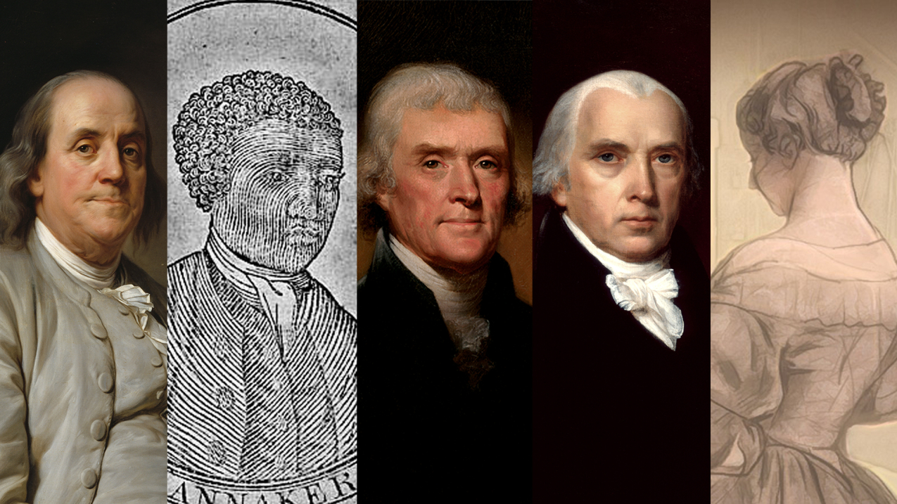 Thin sections of portraits of Benjamin Franklin, Benjamin Banneker, Thomas Jefferson, James Madison, and Eunice Newton Foote lined up next to each other.