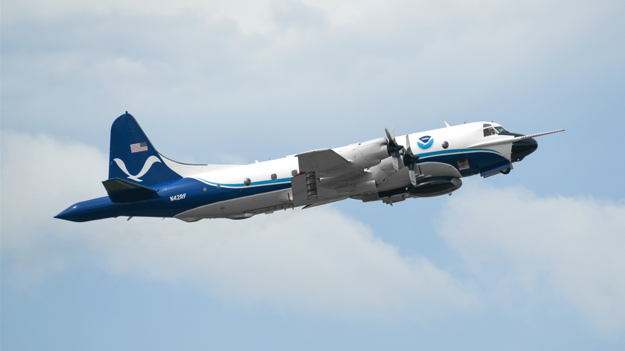 NOAA WP-3D N43RF aircraft, also called "Miss Piggy," in flight.