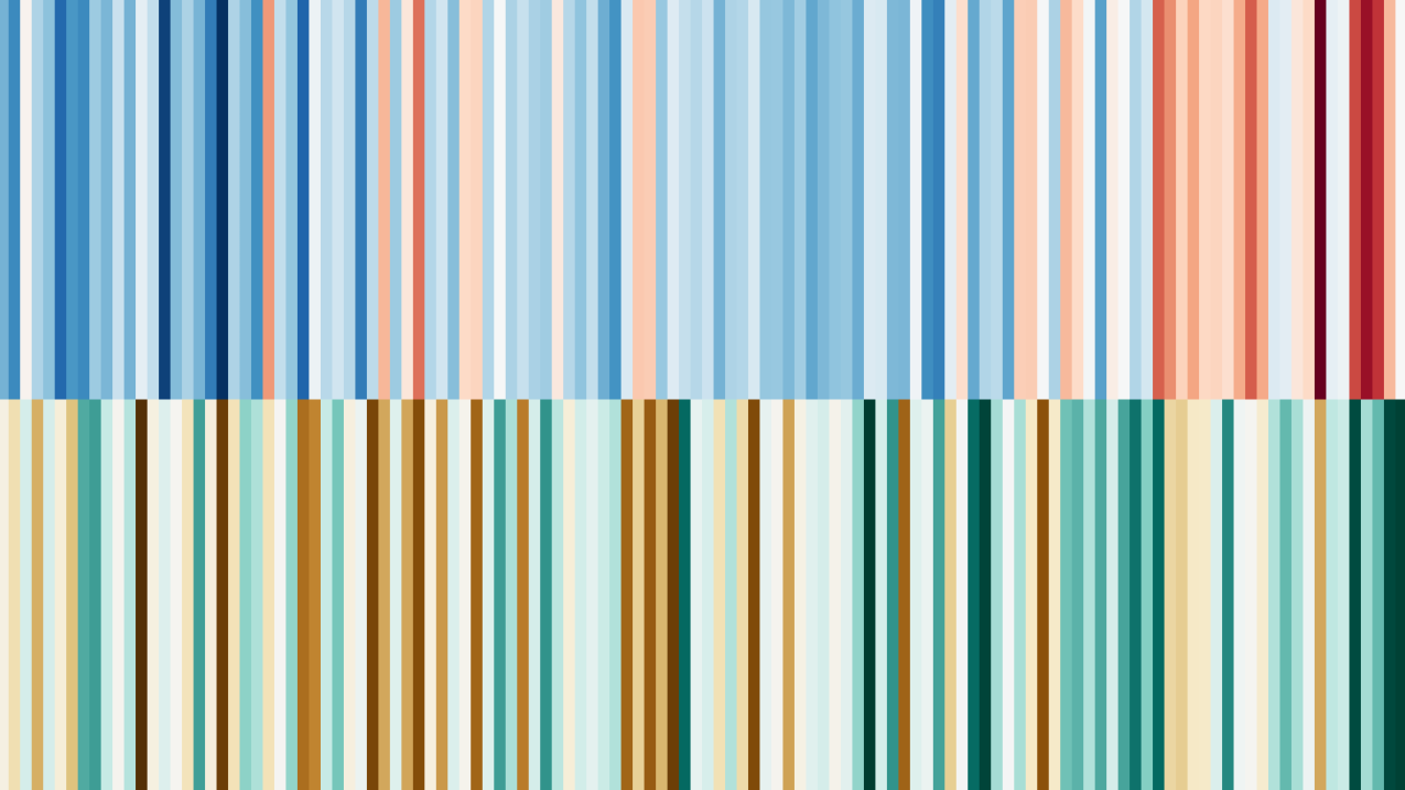 Climate stripes visual is a graphic composed of different colored vertical bars showing annual temperature and precipitation compared to 20th-century average (1895-2022).