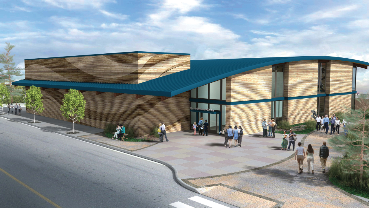 Artist rendering of a new visitor center in Port Angeles, Washington, for Olympic Coast National Marine Sanctuary. NOAA is investing $3 million from the Inflation Reduction Act to support the construction of the facility, a collaboration with the Feiro Marine Life Center.