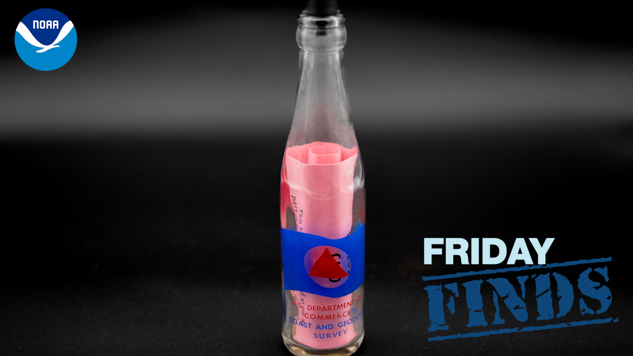 This is a clear bottle with a US Coast and Geodetic Survey flag. There is a pink drift card inside. 