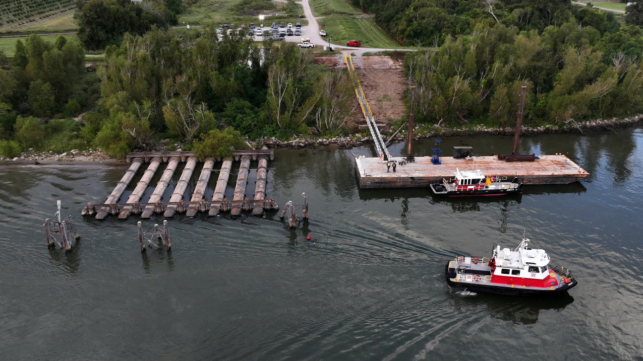 October 9, 2023: An aerial view shows low water levels on the Mississippi River in Belle Chasse, Louisiana, revealing pipes that are typically underwater  The low water levels caused barges and ships to run aground along parts of the Mississippi River in October and created saltwater intrusion concerns in southern Louisiana.