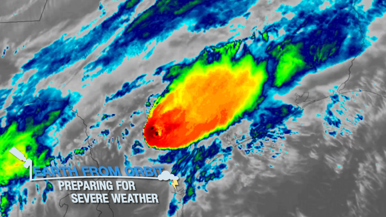 Infrared imagery via NOAA's GOES East (GOES-16) satellite shows a severe thunderstorm crossing several states in the U.S. Text: Earth From Orbit: Preparing for severe weather.