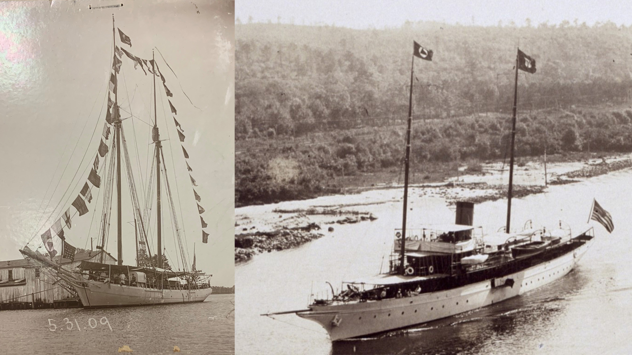 Left: The USC&GS Schooner Matchless "Fully Dressed" with all available flags to honor Memorial Day, 1909. The flags include the Union Jack flown from a staff in the bowsprit, USC&GS Service Flags, US Ensigns, signal flags and a long commissioning pennant at the head of the mainmast.; Right: Flags being flown aboard USC&GS Steamer Isis, 1916.  The flag on the mainmast is for the Secretary of Commerce, indicating that he was aboard the vessel.