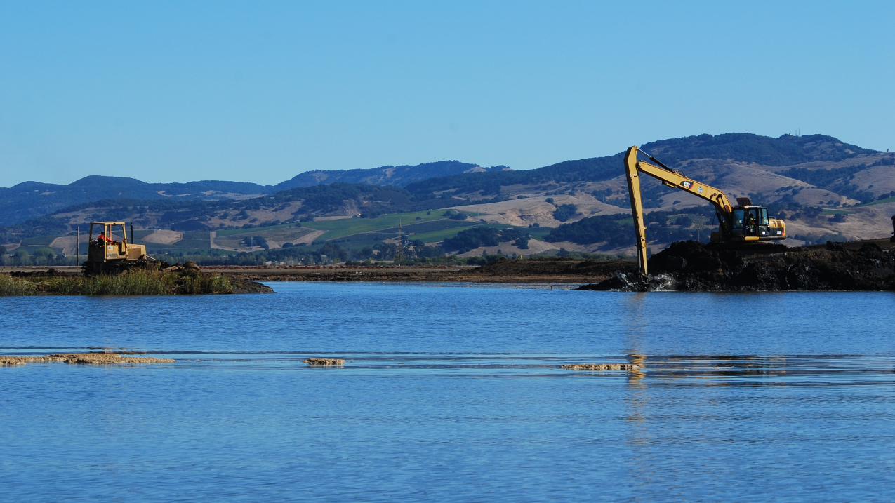 Photo showing the construction to restore tidal marsh habitat in American Canyon, California, on September 29, 2009. Credit: NOAA Fisheries
