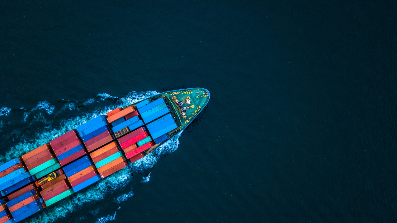 Aerial view from drone, Container ship or cargo shipping business logistic import and export freight transportation by container ship in open sea