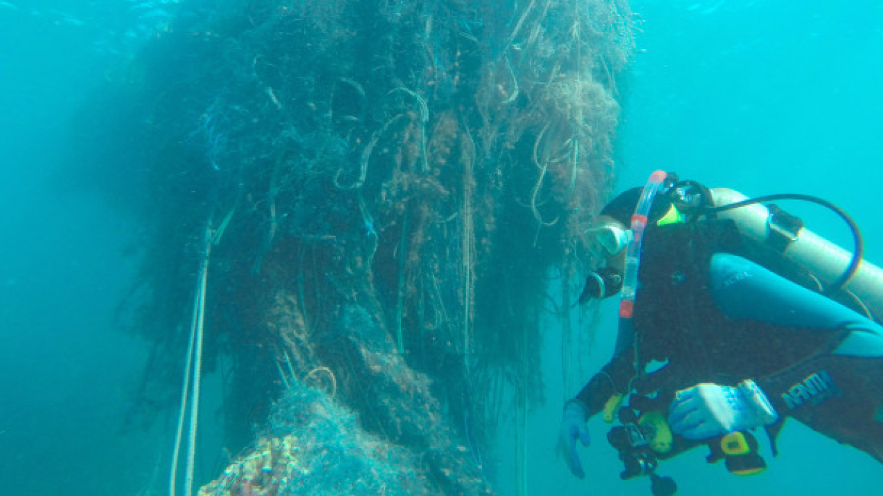 A net floating and tangled up in the ocean weighs close to 1.5 tons.