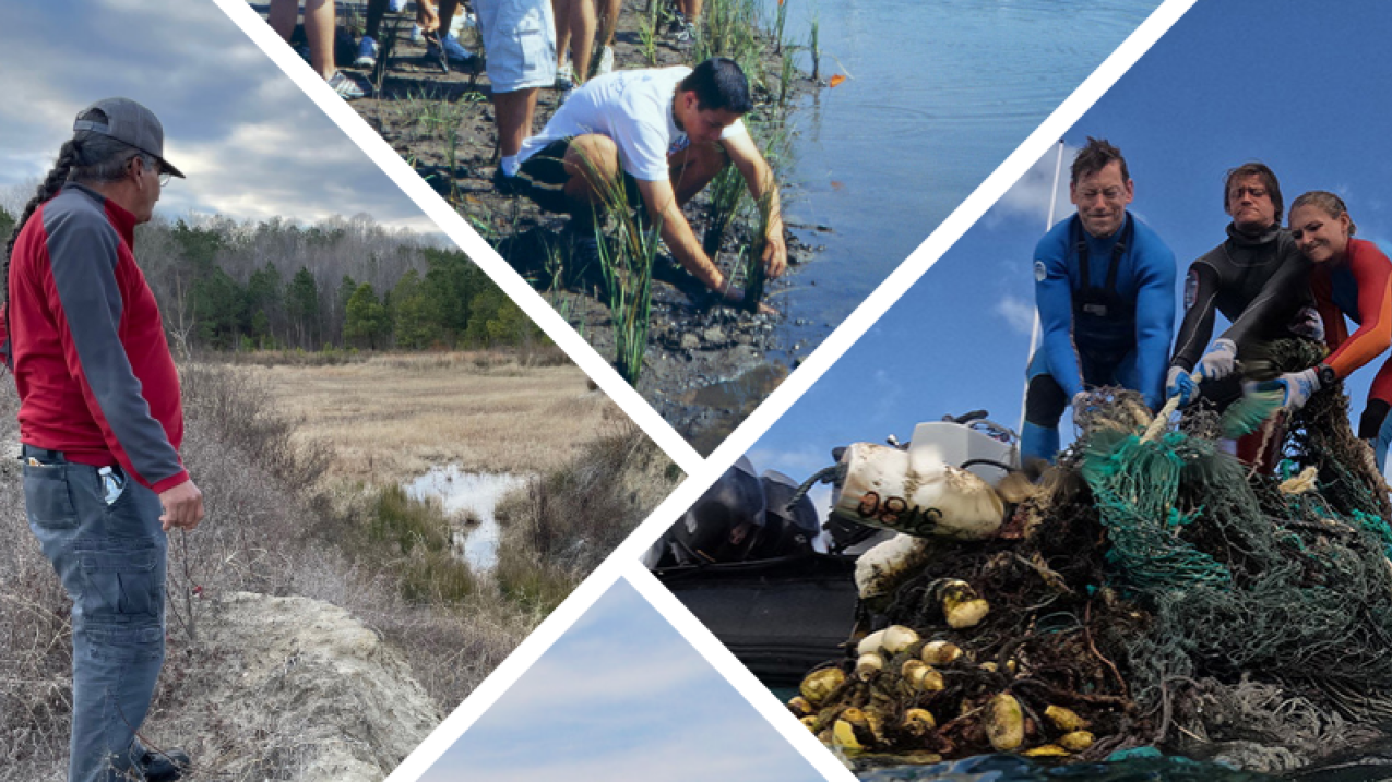 A collage depicting individuals engaged in various water-related work activities.