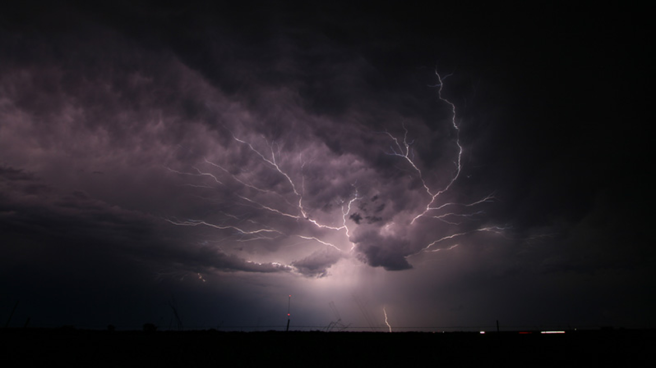 Veins of spider lightning stretching across a purple, cloudy sky.