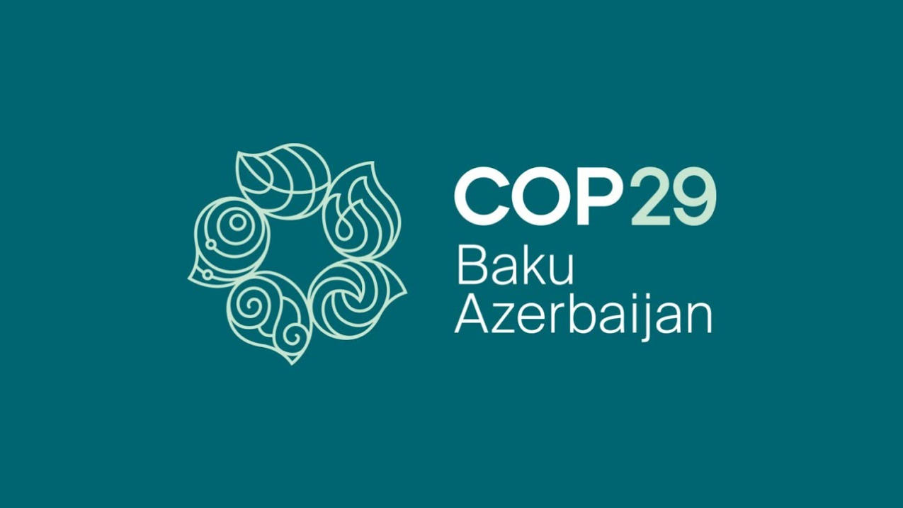 COP29 official logo white text and wreath made of leaves on teal background. Credit: UN Climate Change Conference..
