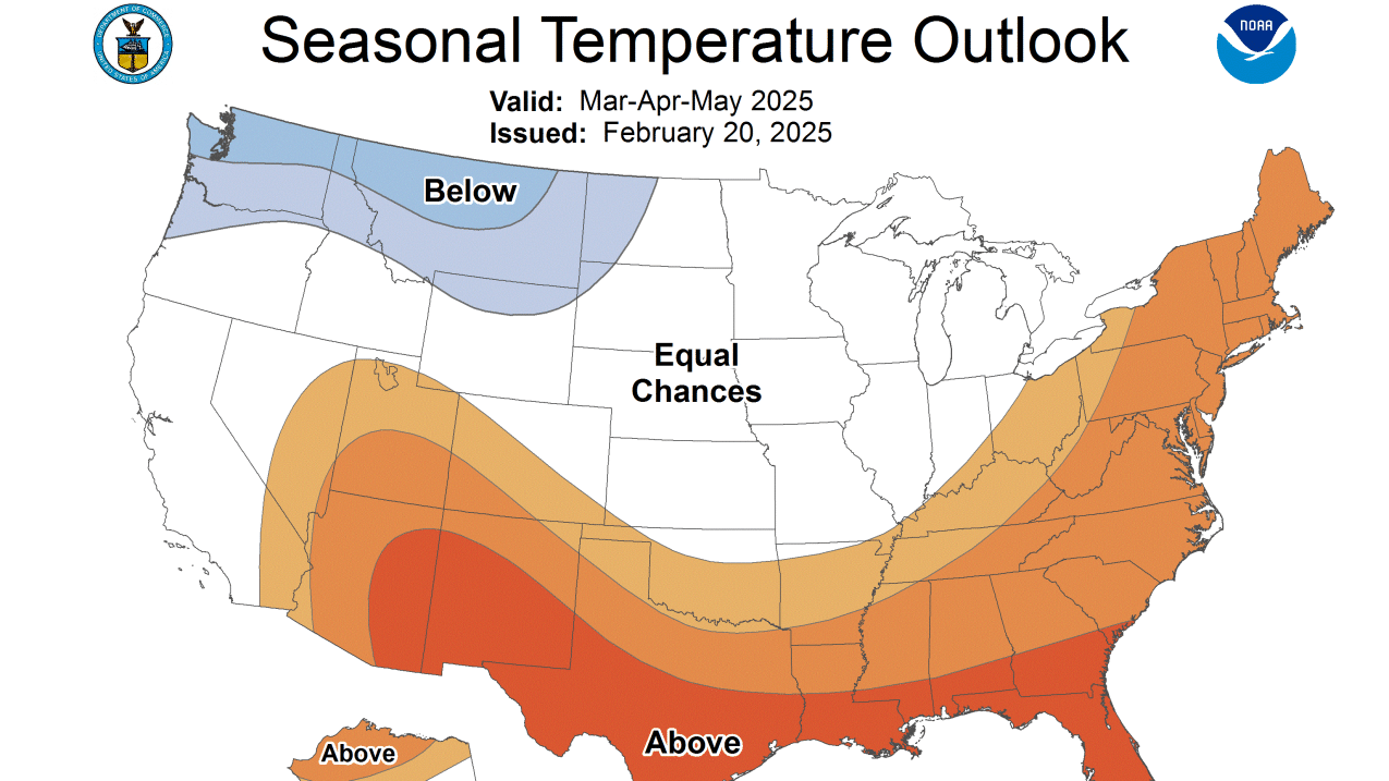 Seasonal temperature outlook for March, April, and May 2025. 