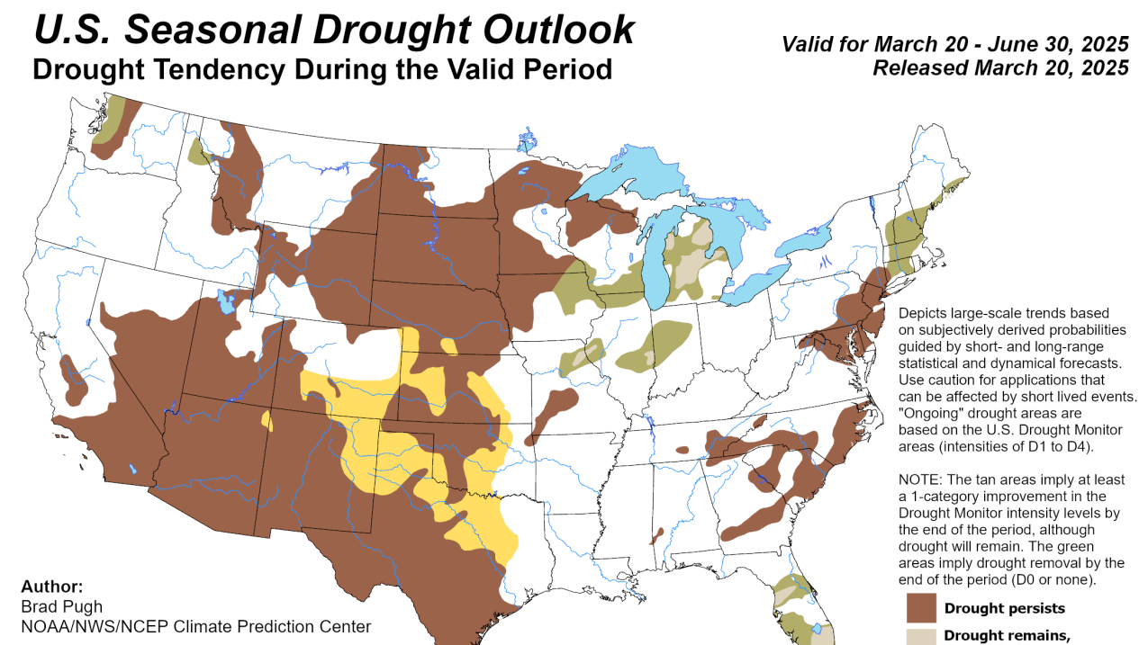 This map depicts where there is a greater than 50% chance of drought persistence, development or improvement based on short- and long-range statistical and dynamical forecasts from March 20 through June 30, 2025.