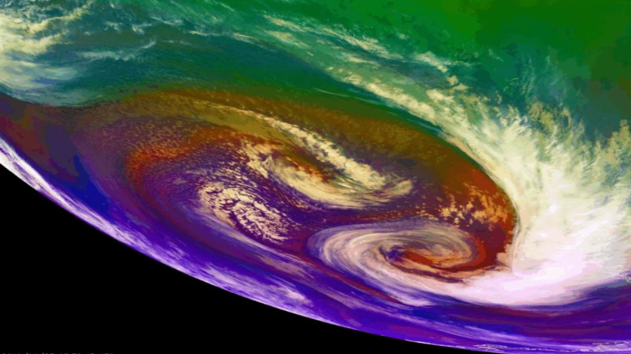 NOAA’s GOES-16 satellite used its Red-Green-Blue Air Mass Band to watch several areas of low pressure rotate around each other off the coast of Chile, June 2-3, 2019.