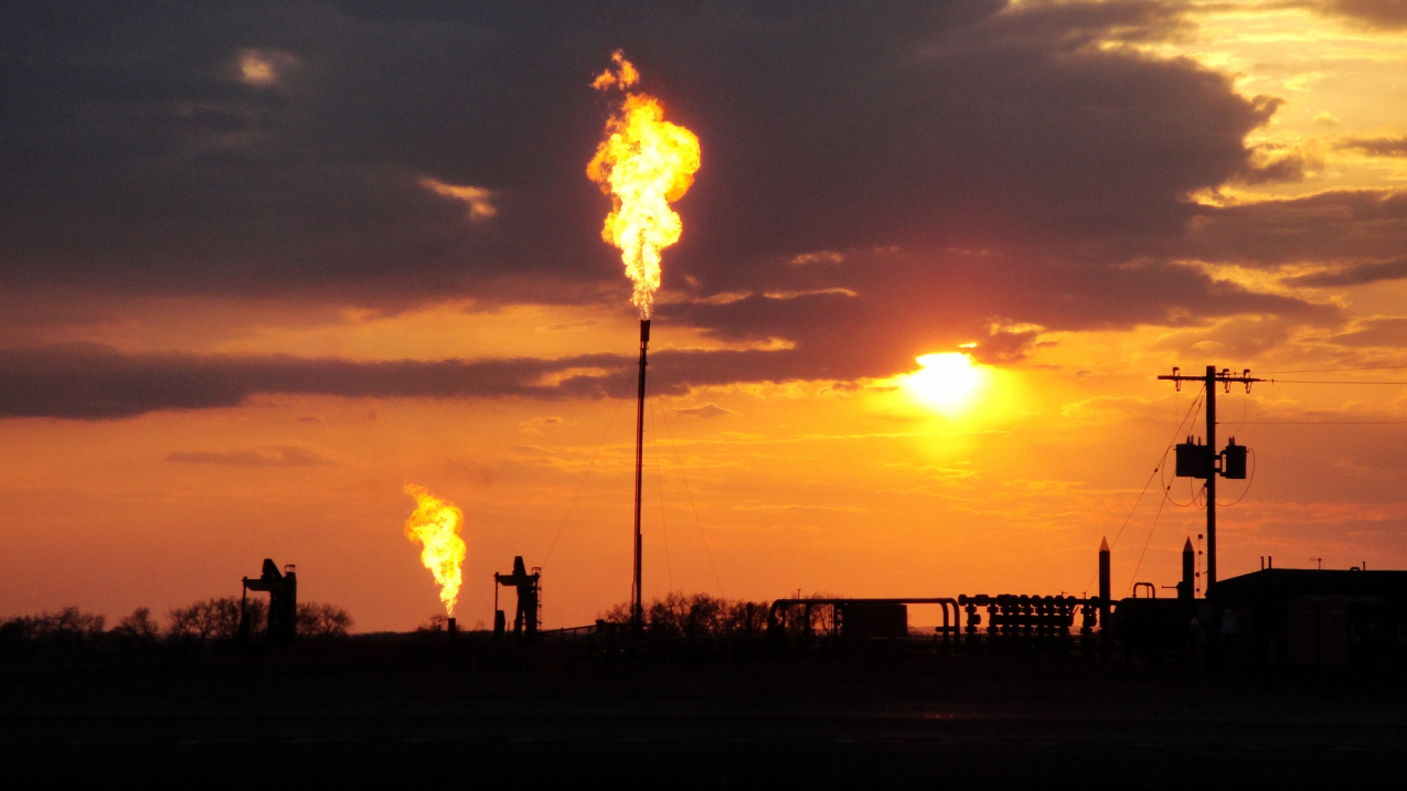 Fossil fuel extraction in North Dakota's Bakken field in 2014.