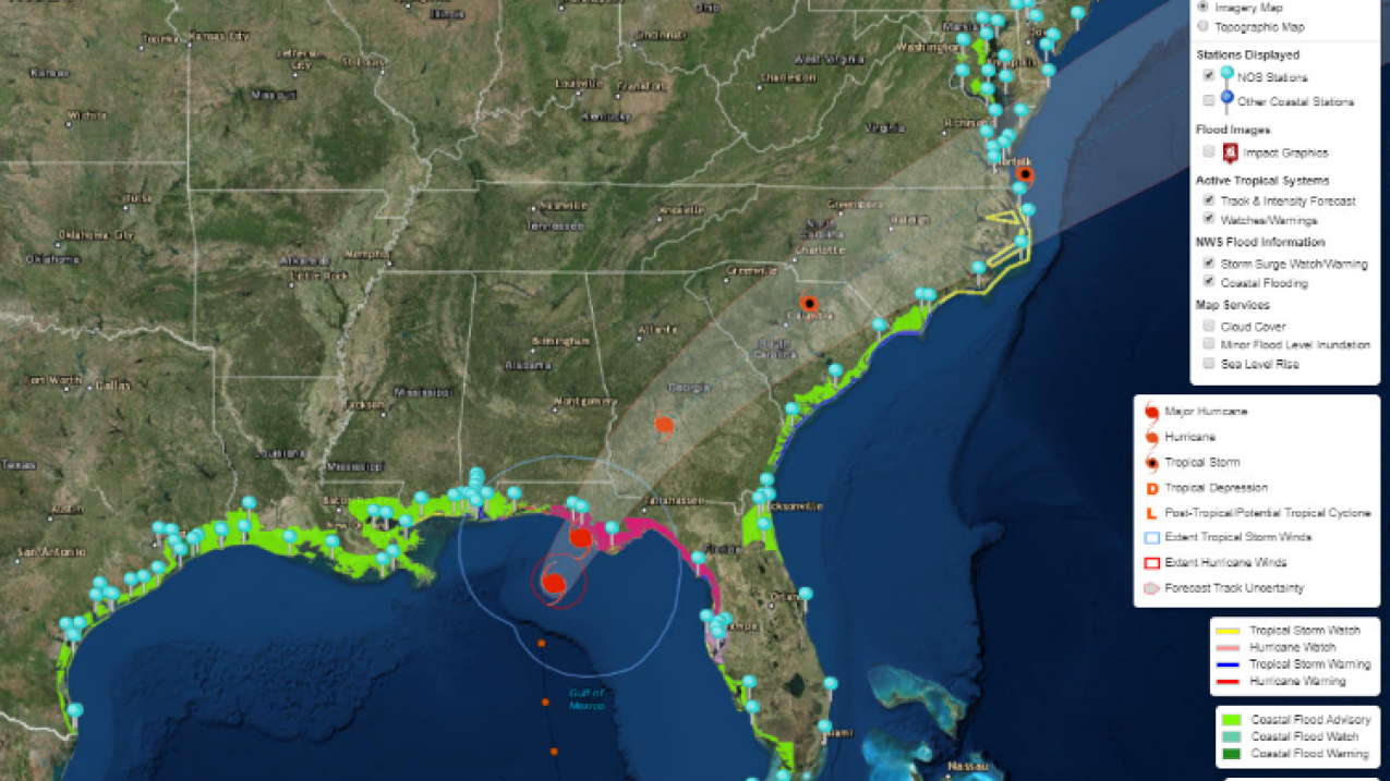As Hurricane Michael approached the U.S. in October 2018, a prototype of the Coastal Inundation Dashboard displayed its effects on coastal water levels along the Florida panhandle.