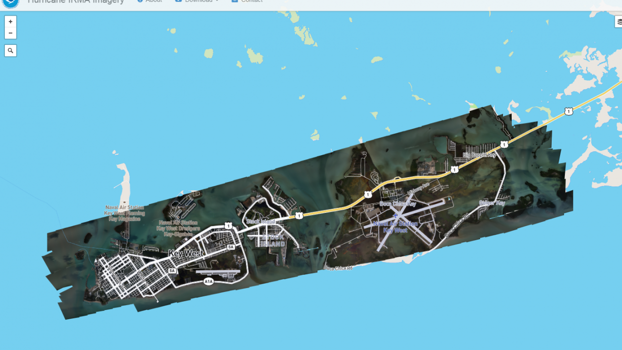 This is what the online images of coastline affected by Hurricane Irma looks like after zooming into a photographed location, as indicated by a dark ribbon overlaid onto the map.