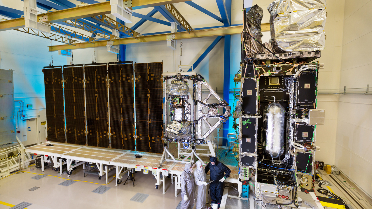 The assembled and integrated GOES-R satellite in the clean room, May 2015.