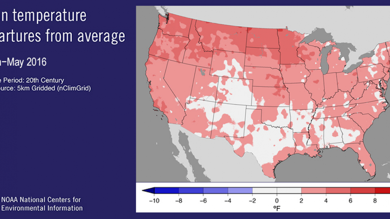 Spring (March-May) 2016 mean temperature departure from average