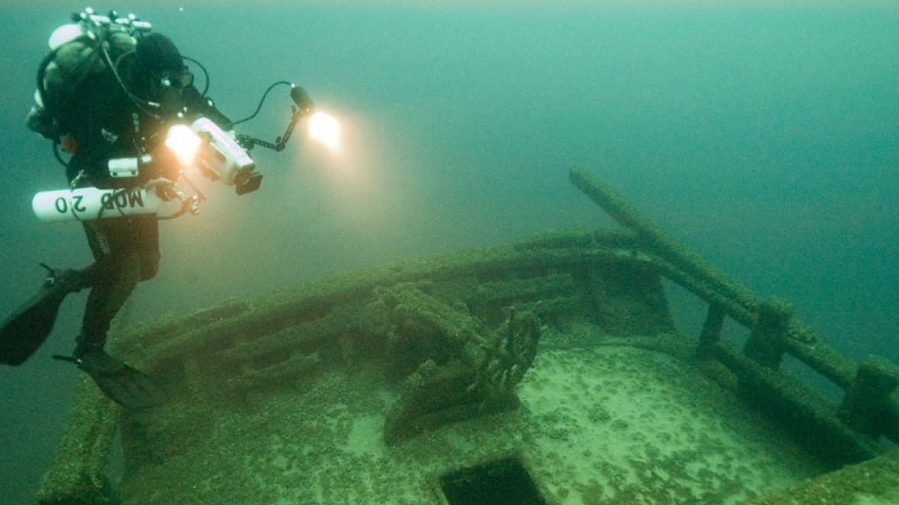 Diver explores schooner F.T. Barney in Thunder Bay National Marine Sanctuary.