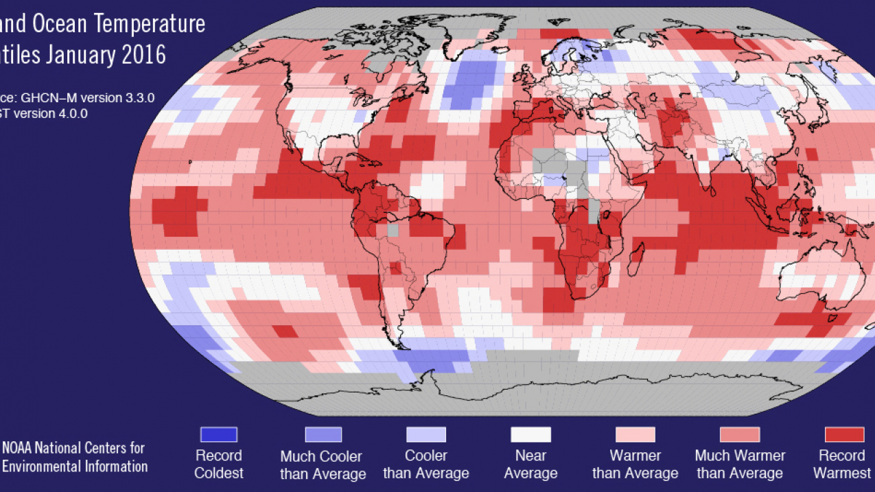 Land and ocean temperature precentiles January 2016.
