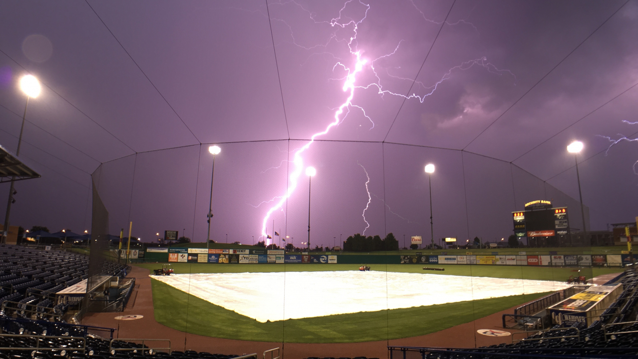 Lightning strikes Citibank Ballpark in Midland, Texas. 
