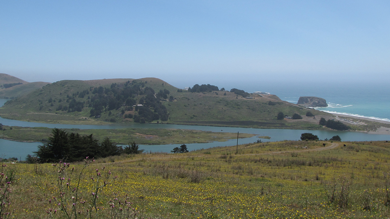 A view of the lower Russian River and estuary, Sonoma County, California. This area is part of the North-Central California Coast and Russian River Resilient Lands and Waters Partnership. 