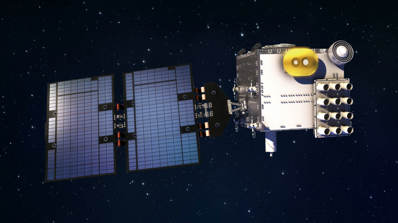 Rendering of COSMIC-2, a mission of six satellites which will orbit the Earth near the equator. COSMIC-2 launched on June 25, 2019, from NASA's Kennedy Space Center in Florida, aboard a Space X Falcon Heavy rocket. COSMIC-2 is a partnership between NOAA, the U.S. Air Force and Taiwan.