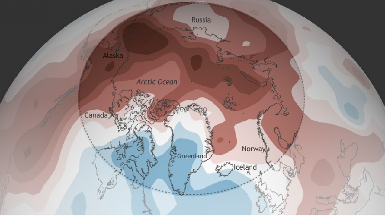 Arctic land area average temperature from October 2014-September 2015 compared to the 1981-2010 average.