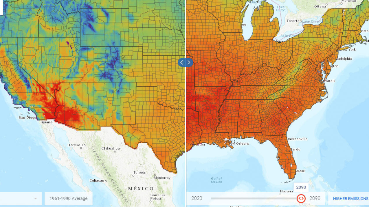 A map of the continental U.S. being divided with a line down the middle. West of the line shows historical temperature data and east of the line shows a modeled projection, which is much warmer.