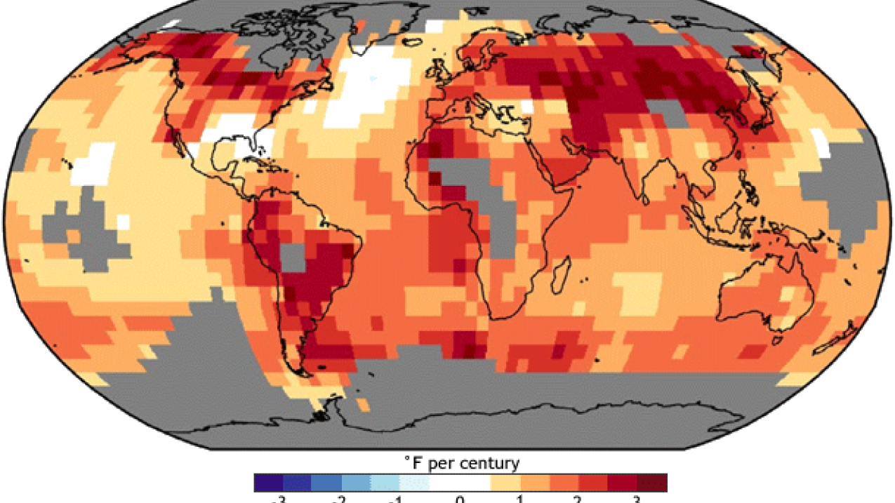 Observed trend in temperature from 1900 to 2012; yellow to red indicates warming, while shades of blue indicate cooling. Gray indicates areas for which there are no data. There are substantial regional variations in trends across the planet, though the overall trend is warming.