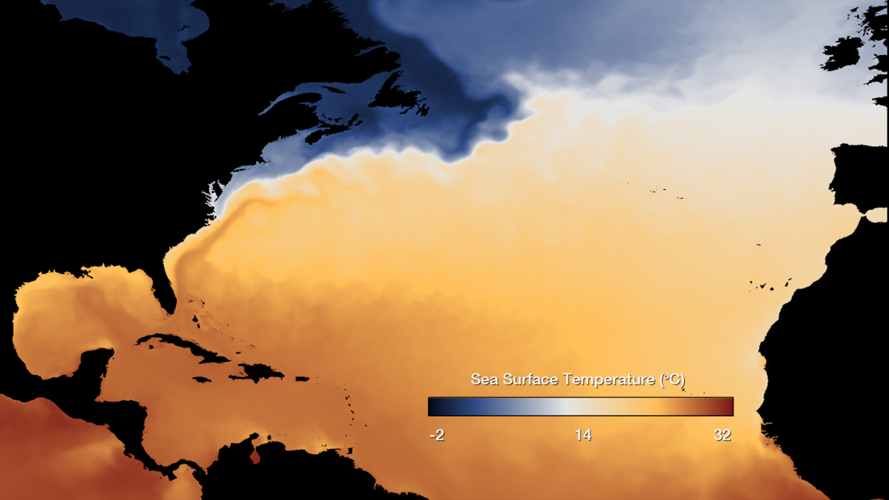A map showing sea surface temperature in the North Atlantic Ocean. Warmer and cooler waters are shown in contrasting colors and all water south of the Gulf Stream current is much warmer than the water north of it.