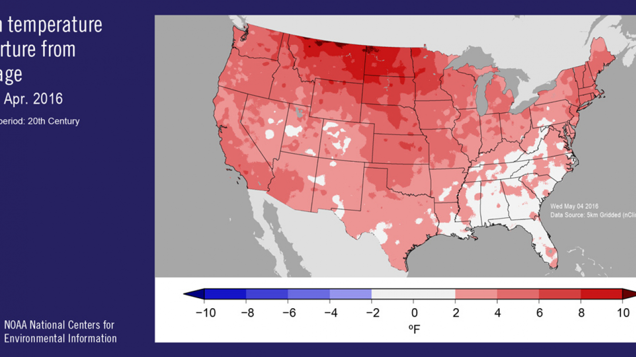 January to April 2016 (year to date) mean temperature departure from average