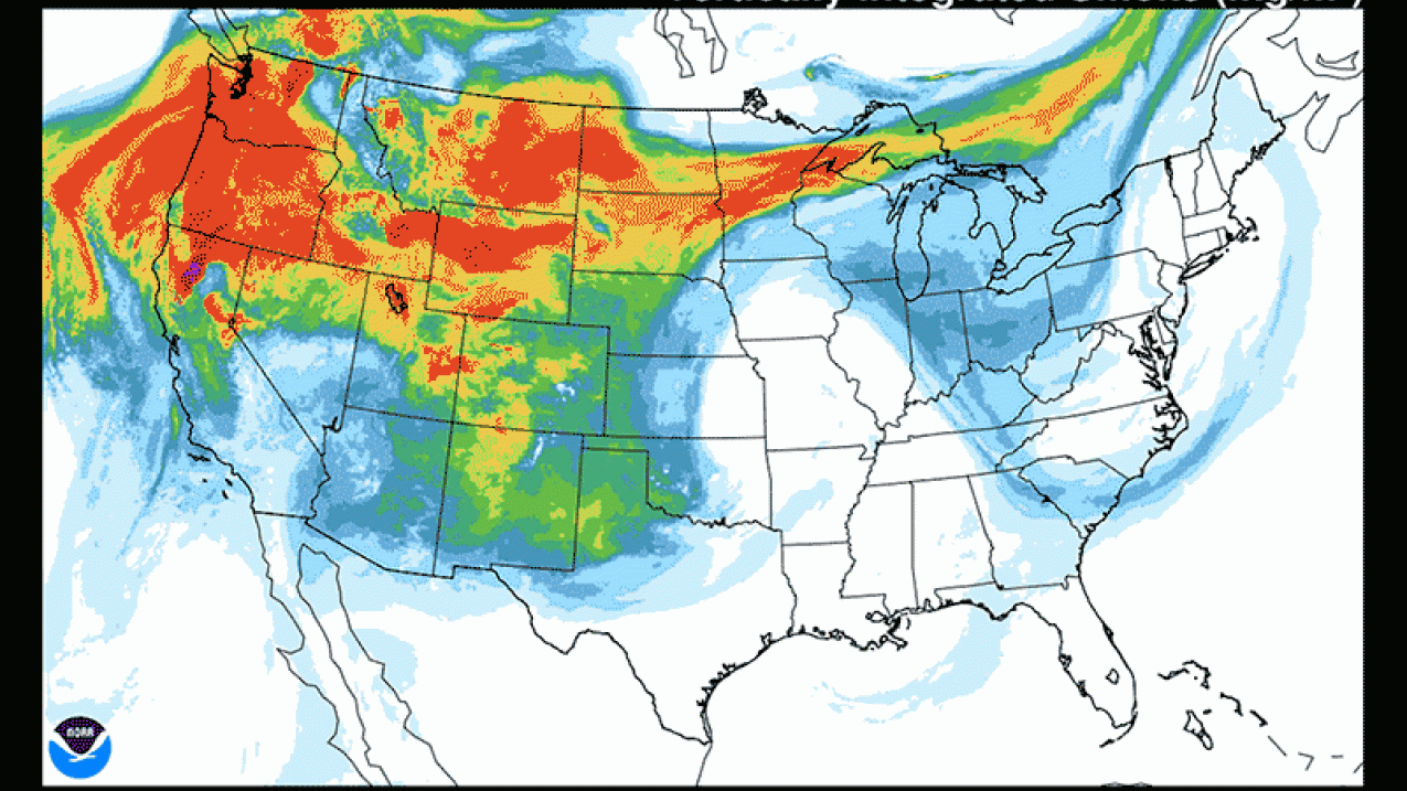 NOAA’s experimental HRRR-smoke model forecasts where wildfire smoke may be headed. The brighter the color, the higher the concentration, alerting downstream residents sensitive to the fine particles the smoke carries.  