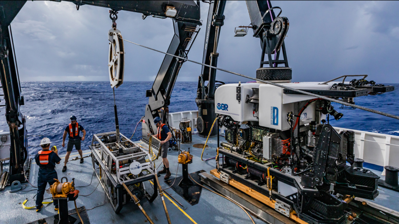 NOAA crew and scientists aboard NOAA Ship Okeanos Explorer prepare to deploy remotely operated vehicles that will help NOAA explore and characterize the features and marine life of the Atlantic deep ocean off South Carolina. 