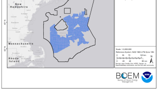 Map of the Gulf of Maine showing the Call Area outlined in black and Draft Wind Energy Area colored in blue
