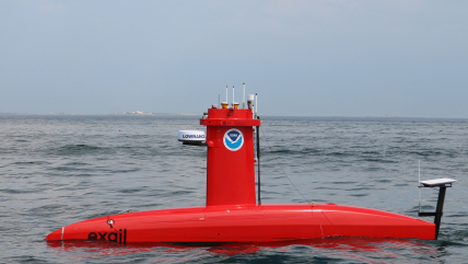 The DriX uncrewed surface vehicle conducts seafloor mapping in the Atlantic Ocean off New Hampshire in 2024.