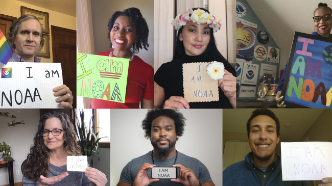 A collage of NOAA employees holding hand-made signs that say, "I am NOAA." 