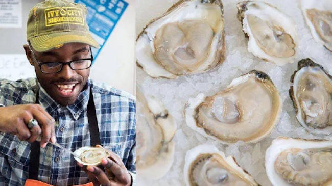 Gardner Douglas shucks an oyster